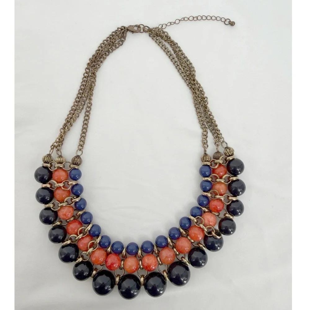 Eva Mendes NY & Co Triple Strand Bib Necklace Blue Coral Bead Gold Tone 103-192